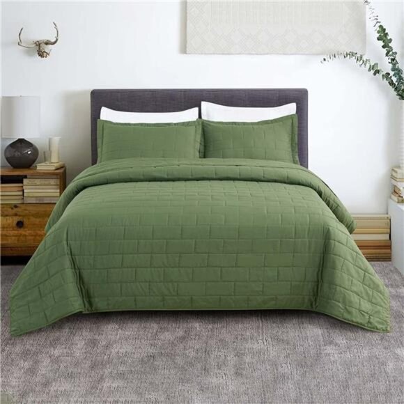 Hush Summer Quilt Set, Full Queen Size Olive Green Rectangle Pattern 3 - Picture 1 of 7